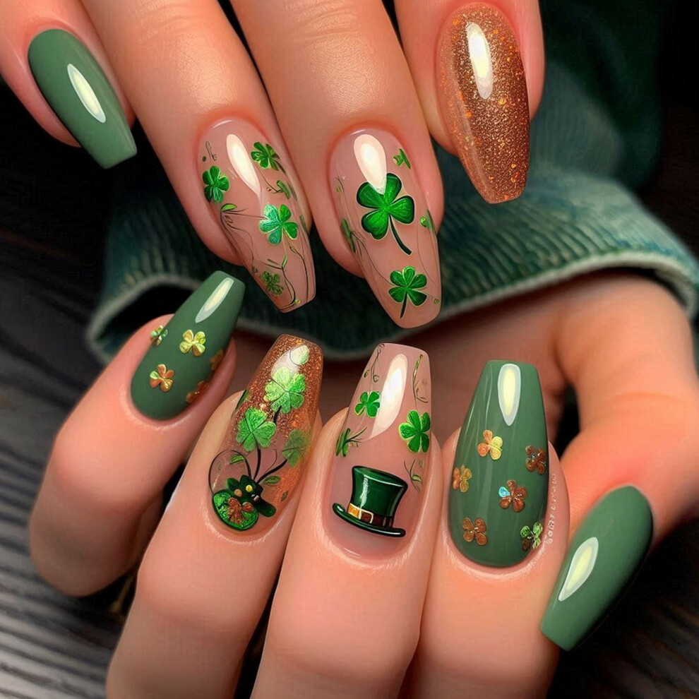 Hue-Grain 3D Clover Nail Stickers, 24Pcs Gold Glitter