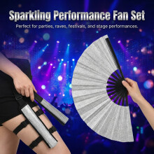 (C37 with leg bag) Glitter Bamboo Fan for Dance & Martial Arts