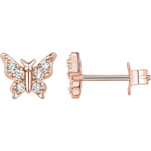 (Rose Gold, Butterfly) Classic Elegant 14K Gold Plated Dainty Stud Earrings for Women - 925 Sterling Silver Posts Earrings with Cubic Zirconia