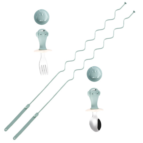 5Sets Baby Silicone Fork and Spoon Set with Suction Cups and Chains 1