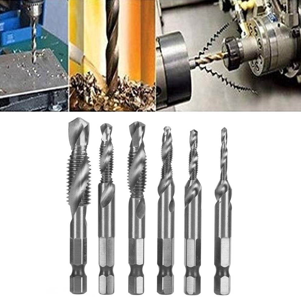 Multi-Function 6Pcs Drill Tap Kit 1/4In Hex Spiral Bits For Tapping Silver 8101387713339
