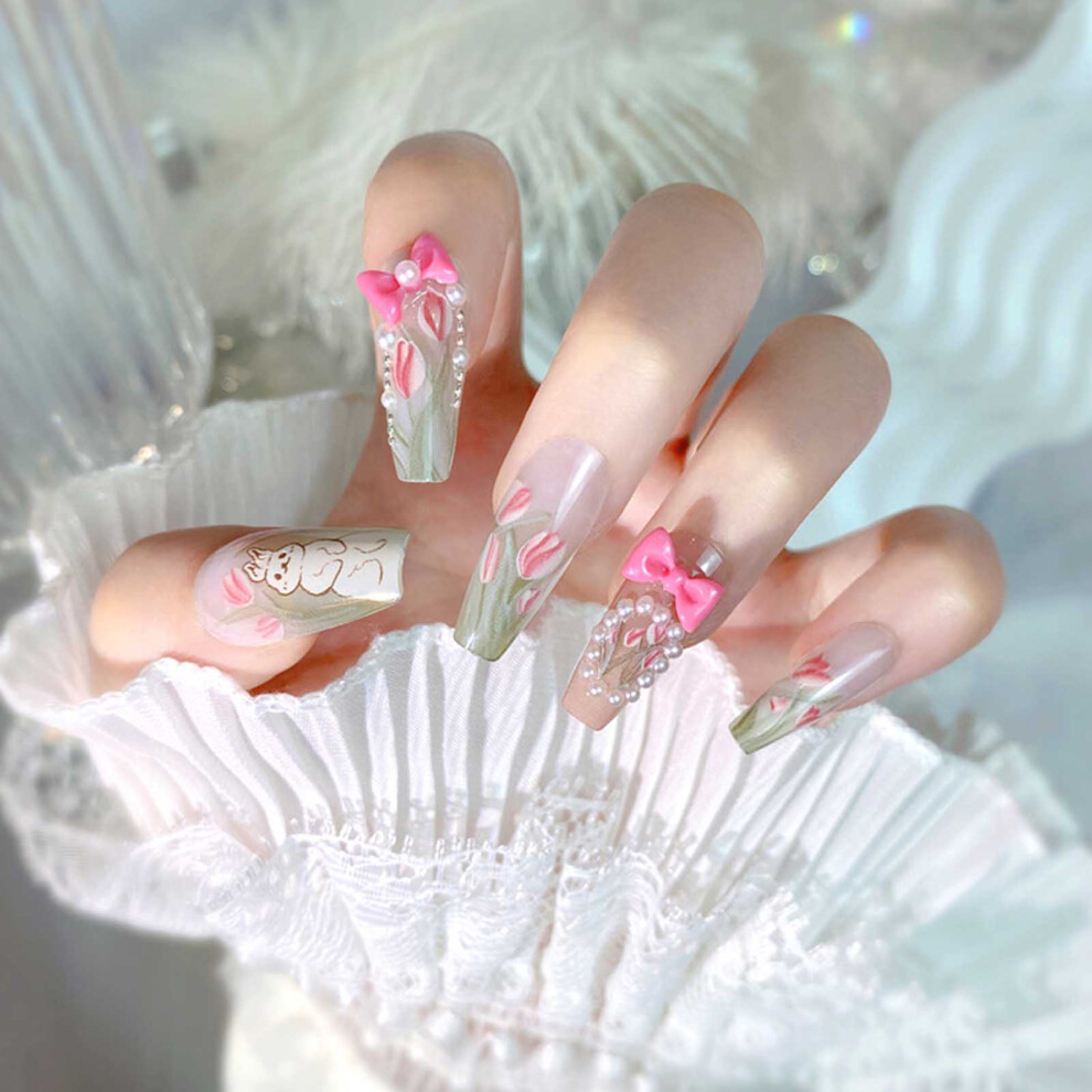 Zhouq-Outdoors Tulip Printed Fake Nails - Chip & Smudge Proof