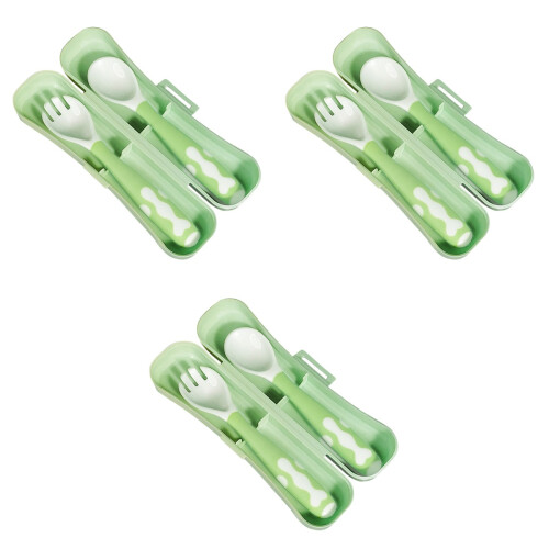 3Sets -Feeding Spoon Fork Green Bendable with Storage Box 2