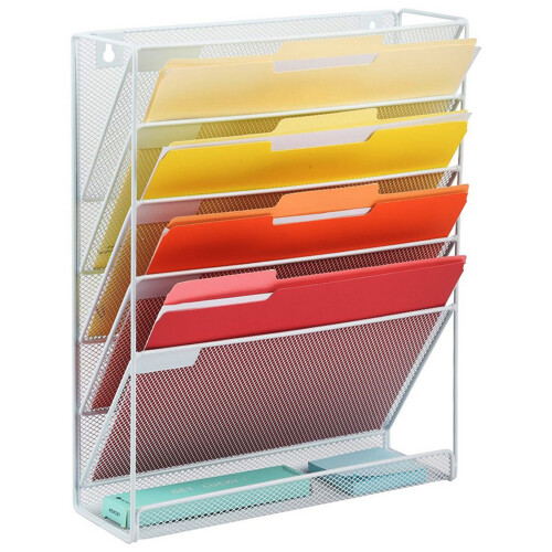 (White) 5-Tier Metal Desk File Organizer for Office