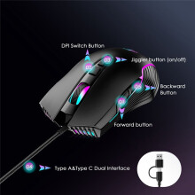 Ergonomische USB/Type-C Bedrade Gamingmuis met RGB-Achtergrondverlichting, Bewegende Muistrilling Houdt de Computer Wakker 4 Instelbare DPI