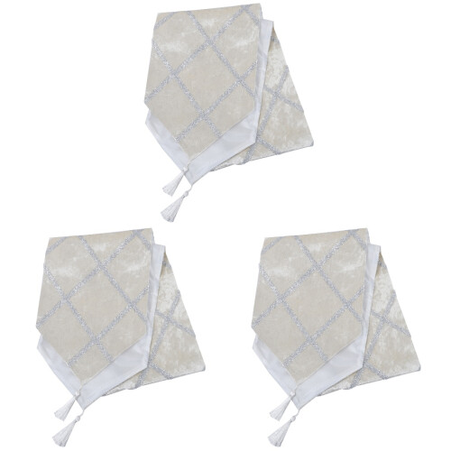 3Pcs Stylish White Table Runner with Diamond Strip and Tassels 1
