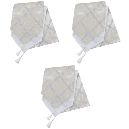 3Pcs Stylish White Table Runner with Diamond Strip and Tassels 2