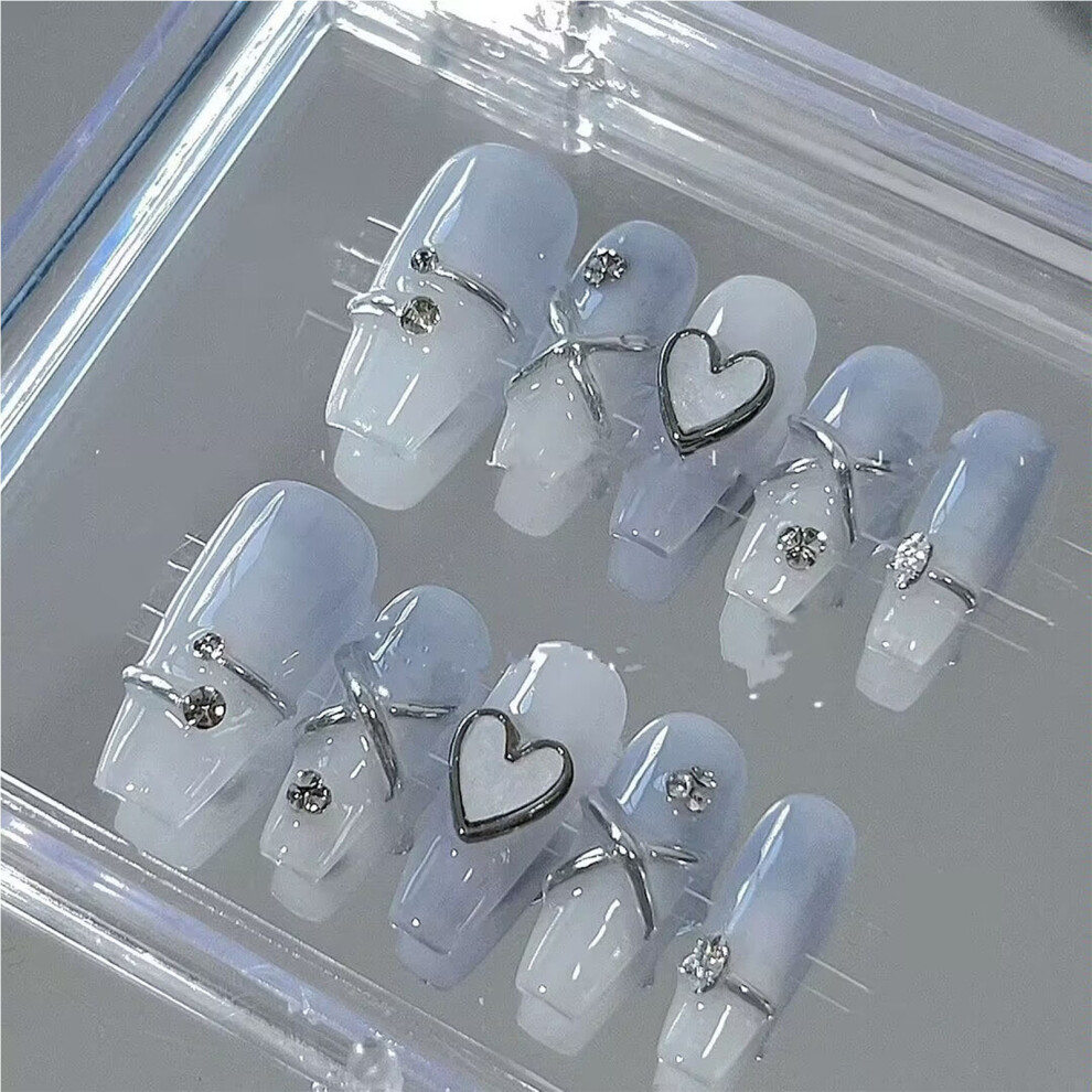 Dachuang Beauty (L) Blue Rhinestone False Nails - Reusable For Women
