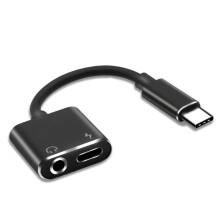 2 in1 Type-C to 3.5mm Headphone Jack Adaptor/Connector Charger, Earphone Aux Audio & Charge Adaptor black