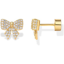 (Yellow Gold, Bow) Classic Elegant 14K Gold Plated Dainty Flat Back Earrings for Women - Hypoallergenic Sterling Silver Posts Helix Cartilage