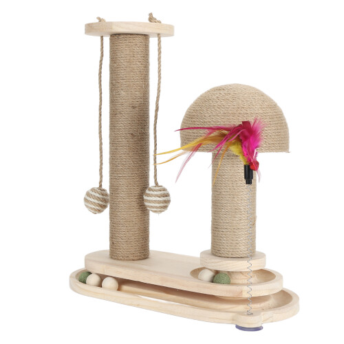 2-Layer Ball Track Cat Scratching Post with Turntable and Wand
