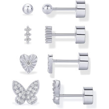 (White Gold, Butterfly 4-Pair Set) Classic Elegant 14K Gold Plated Dainty Flat Back Earrings for Women - Silver Posts Helix Cartilage Piercing Jewelry
