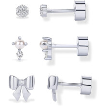 (White Gold, Bow & Pearl Trio Set) Classic Elegant 14K Gold Plated Dainty Flat Back Earrings for Women - Silver Posts Helix Cartilage Piercing Jewelry