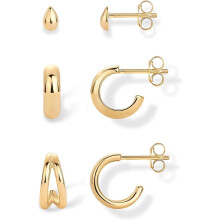 (Yellow Gold, Teardrop) Classic Elegant 14K-18K Yellow Gold Plated 925 Sterling Silver Posts Hypoallergenic Three Pairs Small Hoop Earrings for Women
