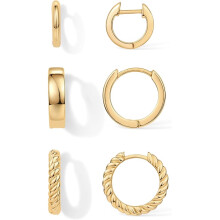 (Yellow Gold, Rope) Classic Elegant 14K-18K Yellow Gold Plated 925 Sterling Silver Posts Hypoallergenic Three Pairs Small Hoop Earrings for Women