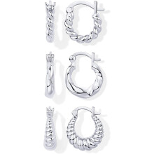 (White Gold, Chunky) Classic Elegant 14K-18K Yellow Gold Plated 925 Sterling Silver Posts Hypoallergenic Three Pairs Small Hoop Earrings for Women