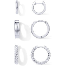 (White Gold, Rope) Classic Elegant 14K-18K Yellow Gold Plated 925 Sterling Silver Posts Hypoallergenic Three Pairs Small Hoop Earrings for Women