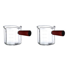 2X Wood Handle Glass Espresso Measuring Cup Double Mouth Milk Jug Coffee Supplies Clear Kitchen Measure Mug 120Ml