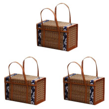 3X Picknick Geweven Mand Rieten Opbergtas Handvat Gevouwen Fruit Winkelen Voedsel Handvat Rotan Gras Opvouwbare Bamboe Mand B
