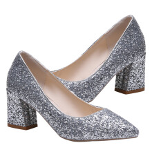 1Paar Silberne Hochzeitsschuhe Damen Spitz Chunky Mid-Heel