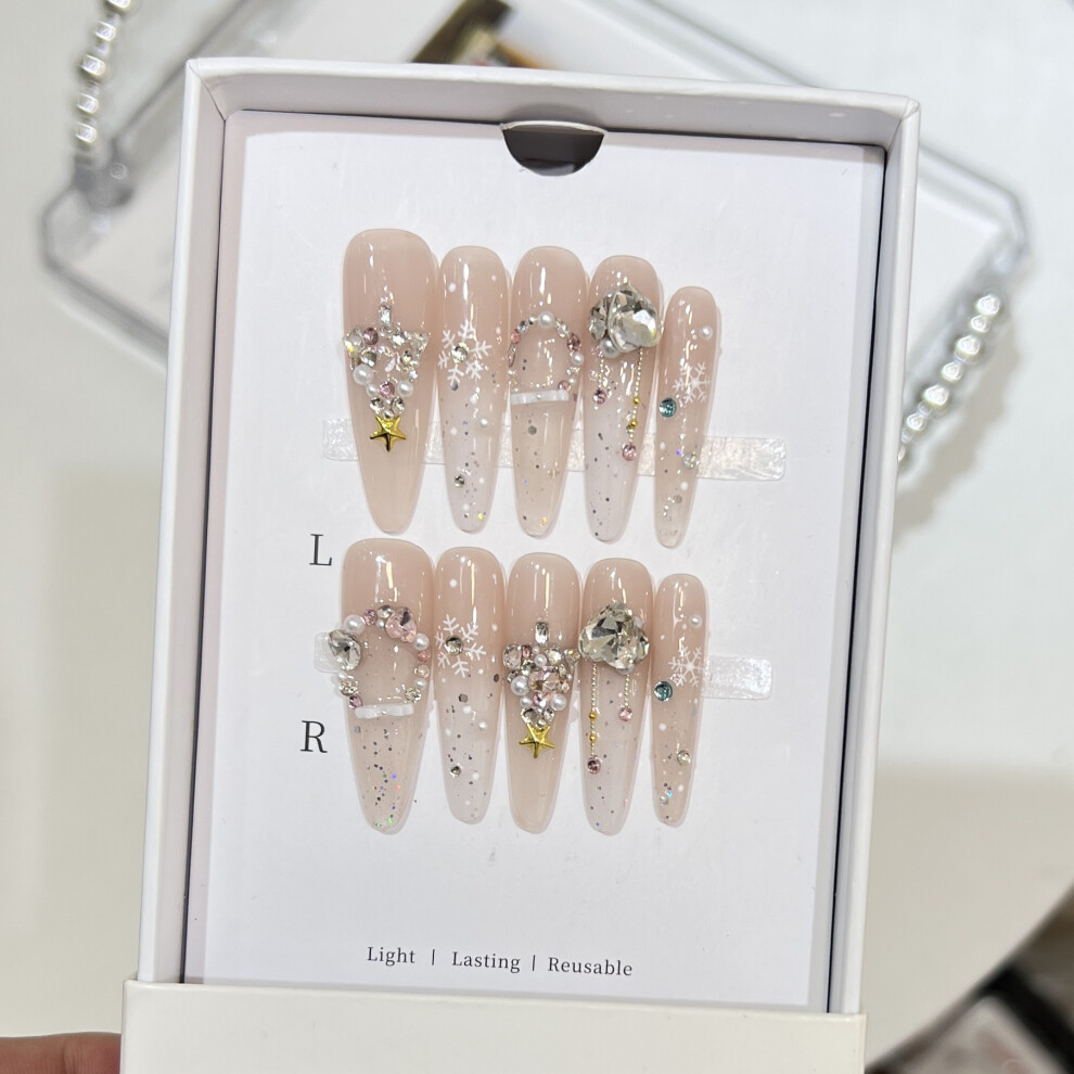 Hue-Grain (1260, Xs) Snowflake Pearl Rhinestone Nails, 10Pcs, Nude