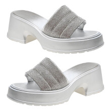Sandalias de plataforma con purpurina para mujer, mules de plataforma gruesa con punta cuadrada y parte superior brillante, tacón de cuña con