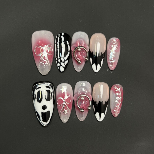 (S) Skull Print Blush Pink Press-On Nails, 10PCS 1