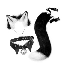 Faux Fur Wolf Tail Ears Hair Clips 50cm B/W Set