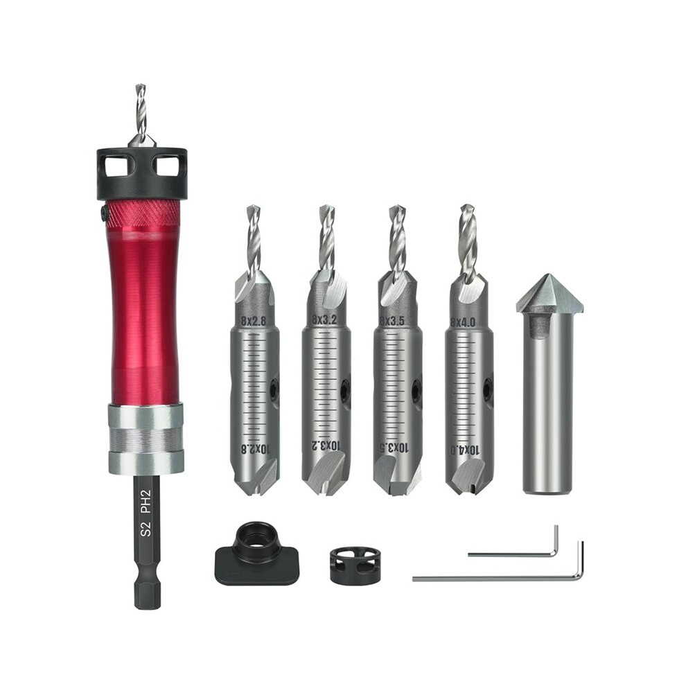 Countersink Drill Bit Set With A Screwdriver Bit, 2.8/3.2/3.5/4.0Mm Drill Dia X 8/10 Mm Countersink Dia 4713940336554