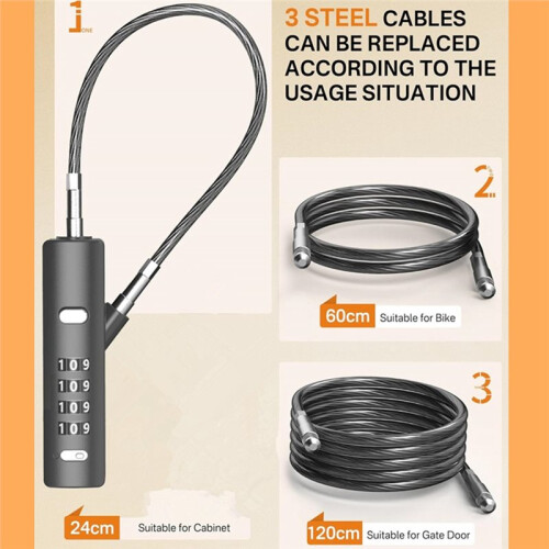 Cable Combination Lock, Comes with Three Rubber Coated Steel Wire Rope Combination Padlocks, Replaceable Rope 2