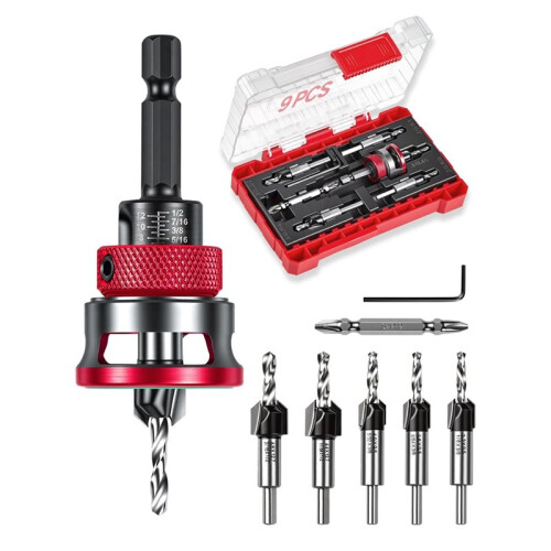 Countersink Drill Bits Set,5PCS Two-Flute Alloy Tapered Drill Bits and Adjustable Depth Stop Collar,Wood Countersink Bit 1