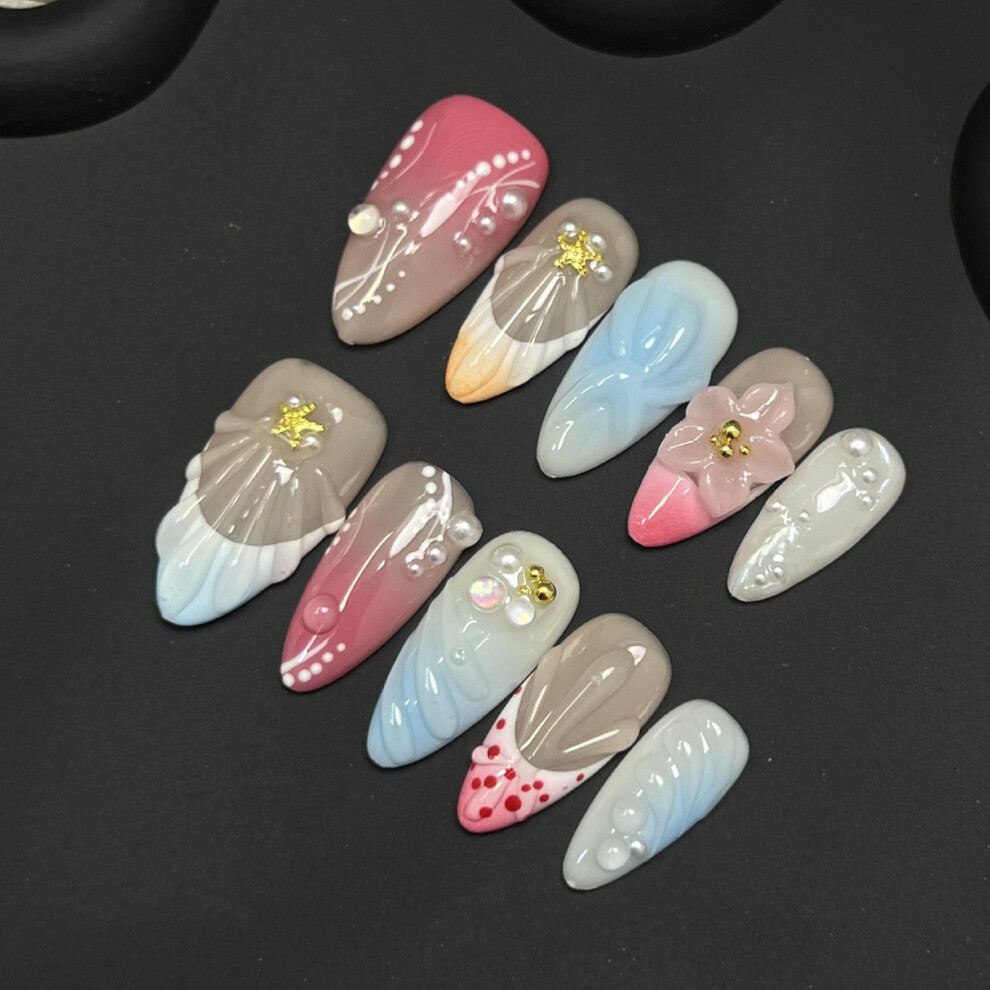 Penghui-Toys (S) 10Pcs Glossy Fake Nails With Flower Decor Durable & Never Splitting Comfort Fake Nails For Girlfriend Wife Women And Gir