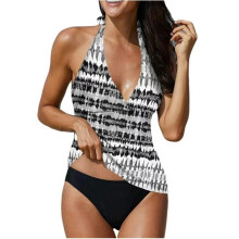 (Black Wihte, 3XL) Black & White Tankini for Beach & Pool