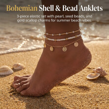 (XY 3142, Ankle Chain) 3pcs Boho Pearl Anklet Set - Unisex