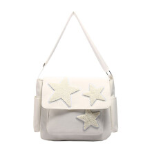 Umhängetasche für Damen, Stern-Design, Verstellbar, Süße Umhängetasche mit Seitentaschen, Schultertasche mit Reißverschluss, Weiß