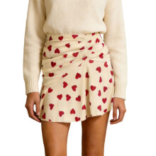 (M, Apricot) Women's Valentine's Day Mini Skirts High Waist Heart Print Ruched Skirt for Daily, Travel, Parties