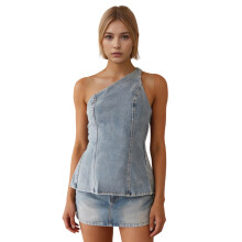 (L, Sky Blue) Women's 2 Piece Skirts Outfits Solid Color One Shoulder Denim Tank Tops Mini Jeans Skirts Clothes Set