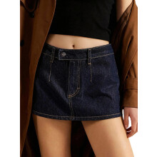 (L, Blue Black) Women Low Rise Denim Skirt Trendy Solid A-line Mini Jean Skirts for Daily Office Party