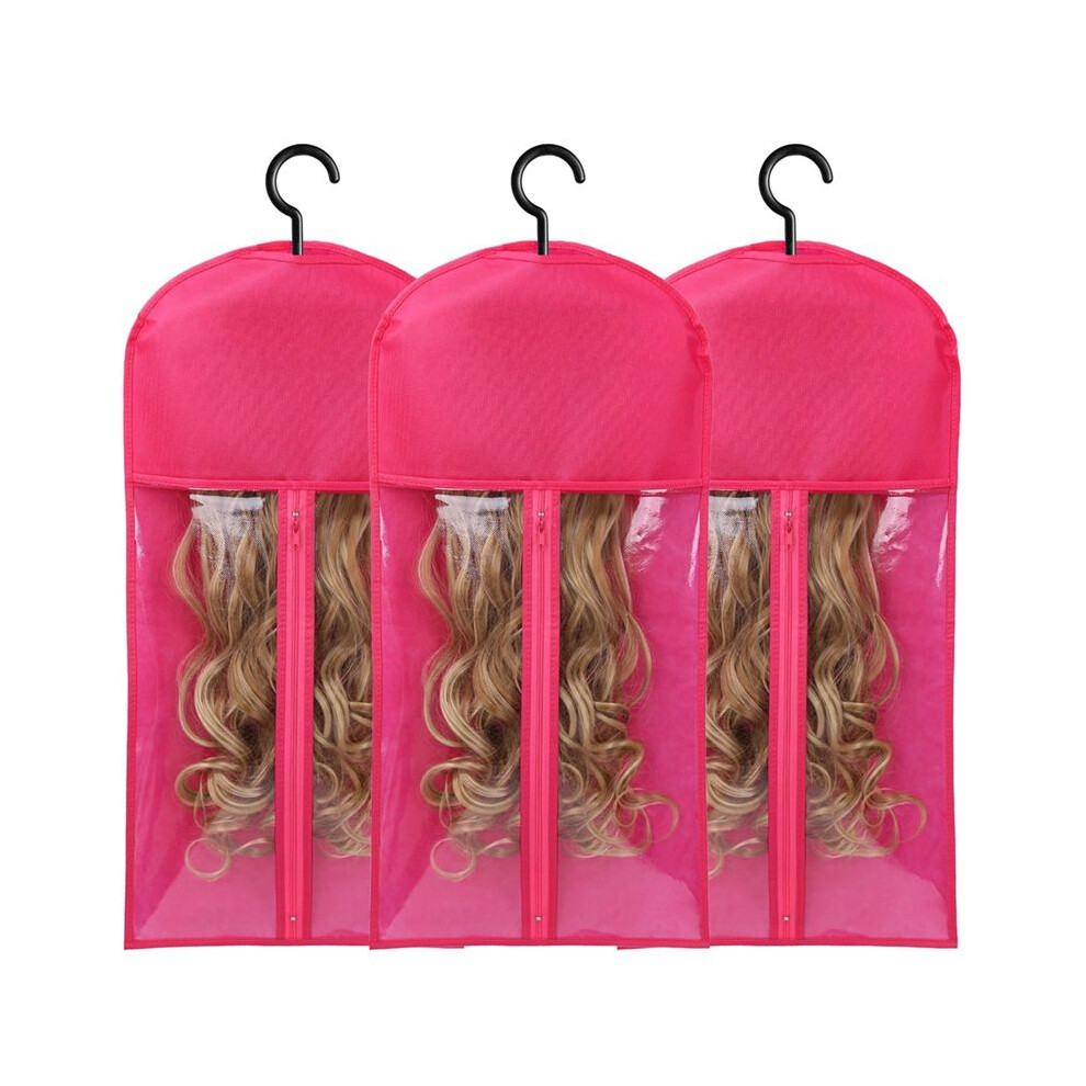 Tlily 3Pcs Hair Extension Holder Wig Storage For Multiple Wigs Holder Wig Bags With Hanger Hair Extension Storage Rose Red