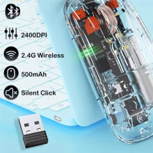 2400DPI  Mouse Full Transparent Cool Silent Dual Mode 2.4G500Ah Rechargeable Ergonomic Universal Silver