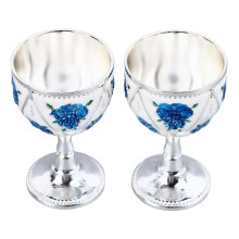 2pcs Metal Wine Glasses Vintage Silver & White Blue Flower Embossed Goblet Set