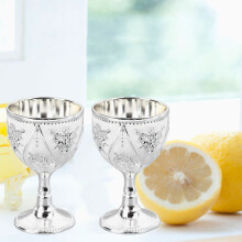 2 Pcs Vintage Silver Wine Glass with 3D Relief Rose Pattern, Zinc Alloy