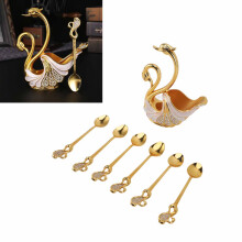 Swan Dinnerware Set with 6 Gold & White Alloy Spoons & Base