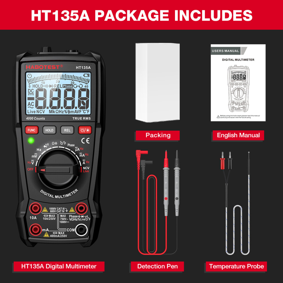 Ht135a/Ht135d Digital Multimeter 4000 Counts True Rms Lcd 1778349.5Mm 6901393393318