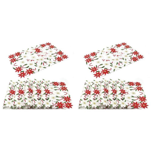 Conjunto de Jogos Americanos com 12 Poinsétias de Natal Bordadas e Design de Azevinho, Decoração de Mesa de Natal de 11 X 17 Polegadas