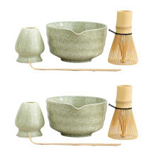 2X Set per Matcha, Set da Tè Giapponese Comprende Ciotola per Matcha con Beccuccio, Supporto per Matcha, Matcha In Bambù e Paletta In Bambù