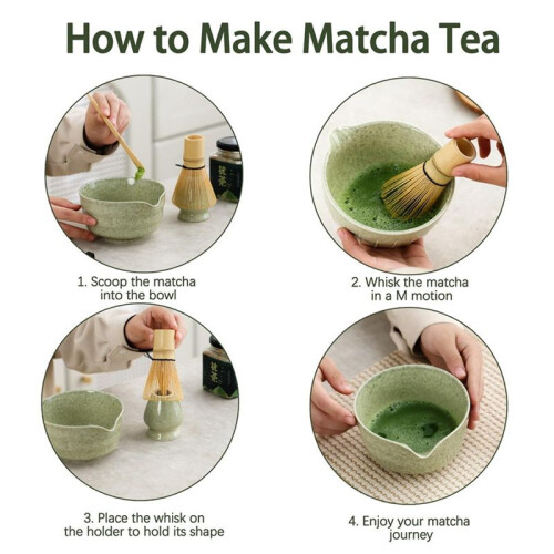 2X Set per Matcha, Set da Tè Giapponese Comprende Ciotola per Matcha con Beccuccio, Supporto per Matcha, Matcha In Bambù e Paletta In Bambù 2