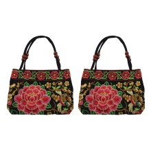 2X Chinese Style Women Handbag Embroidery Ethnic Summer Handmade Flowers Ladies Tote Shoulder Bags -Body(Red Peony)