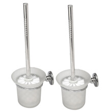 2X Chrome Round Wall Mounted Toilet Brush and Frosted Glass Toilet Brush Holder