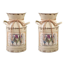 2X Shabby Table Gift Arrangement Home Decoration Vintage Pots Iron Bucket Wedding Flower Vase Rural Style -Beige